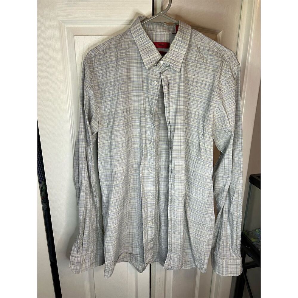 Hugo Boss Men's Slim Fit Plaid Dress Shirt XL Multicolor Long Sleeve